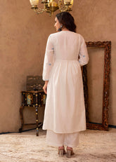 Off-White Chanderi Floral Embroidered Kurta with Palazzo, Dupatta & Bead Work-P1363OFFWHITE